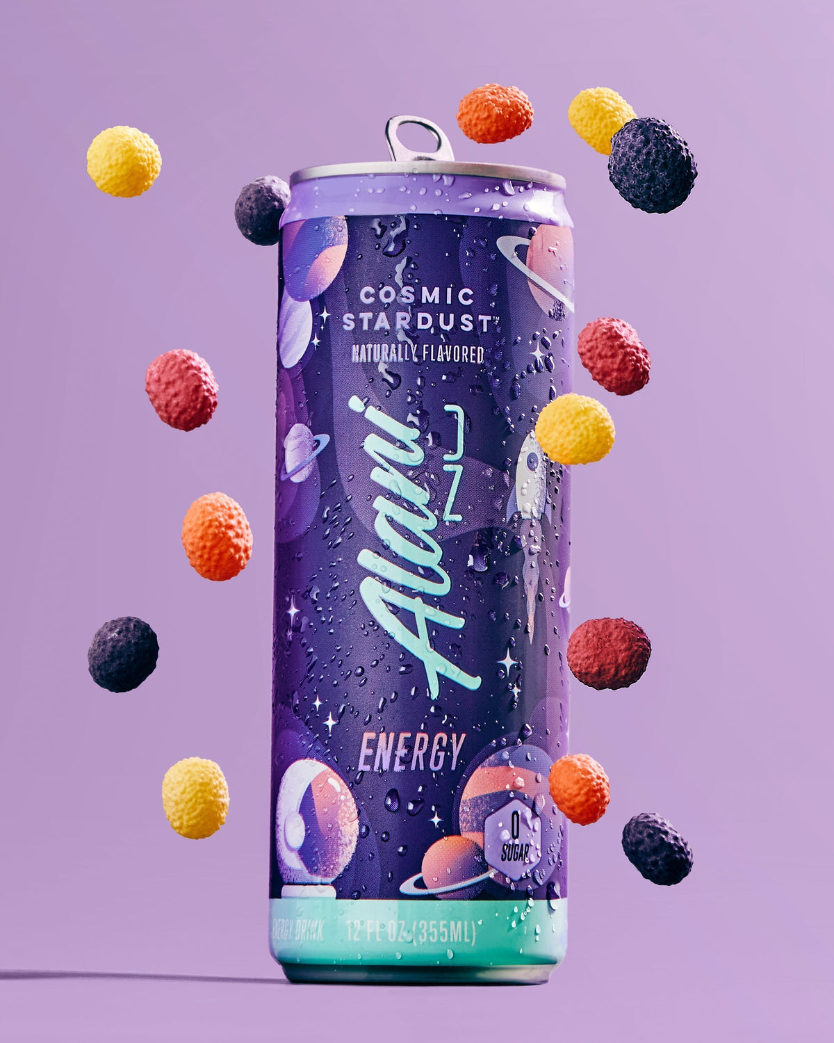 A energy drink in Cosmic Stardust flavor surrounded by candy.