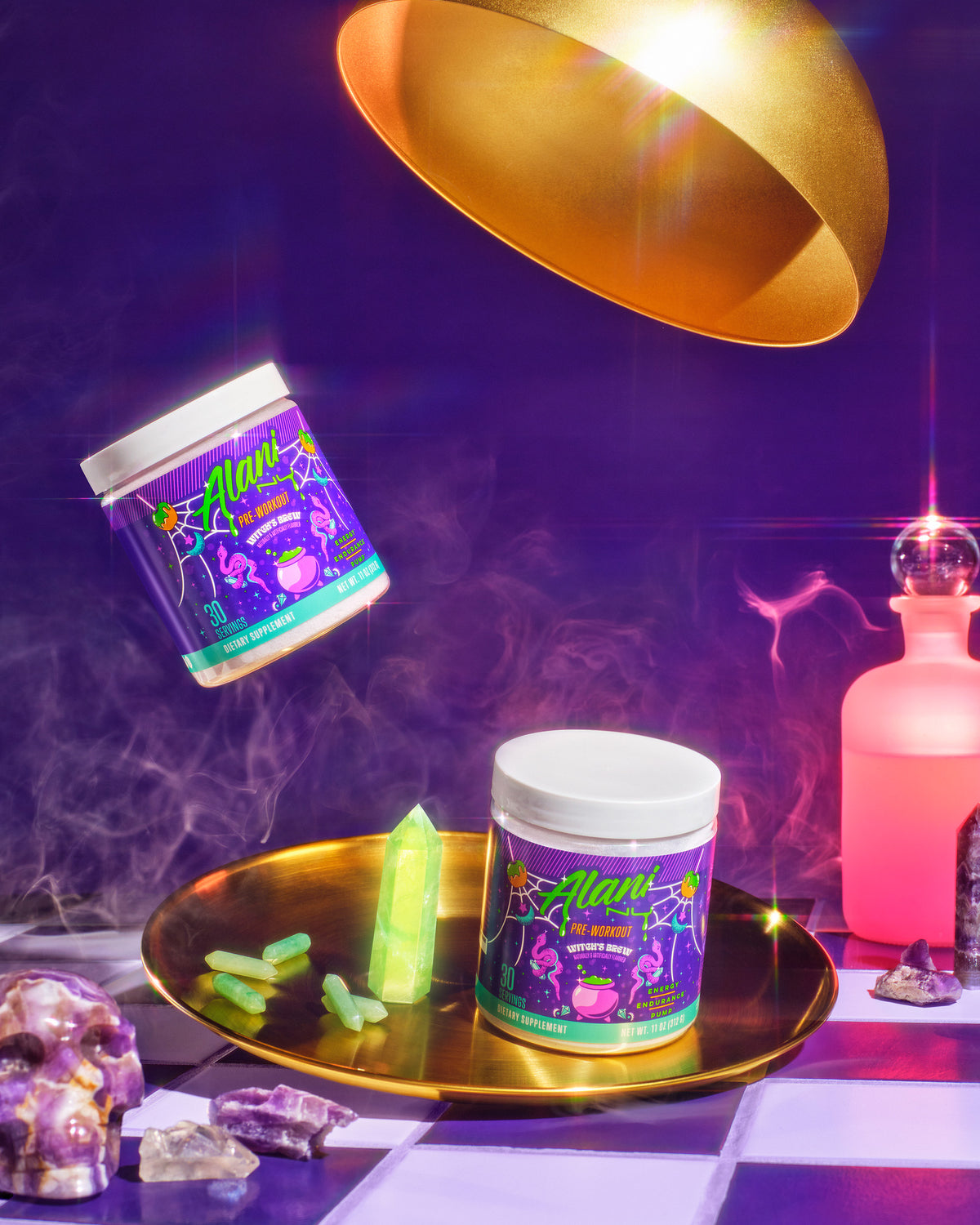 Witch&#39;s Brew - Pre-workout displayed on a gold platter with a variety of stones. 