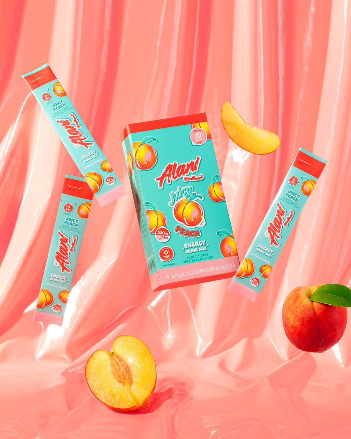 A variety of Peaches next to Energy Sticks in Juicy Peach sticks.
