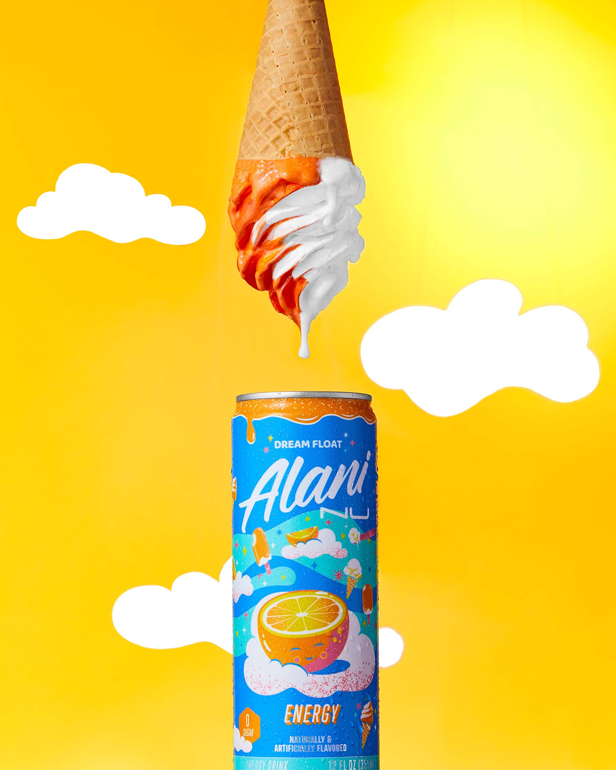 A energy drink in Dream Float flavor displayed next to a cone in upside down from the energy drink.