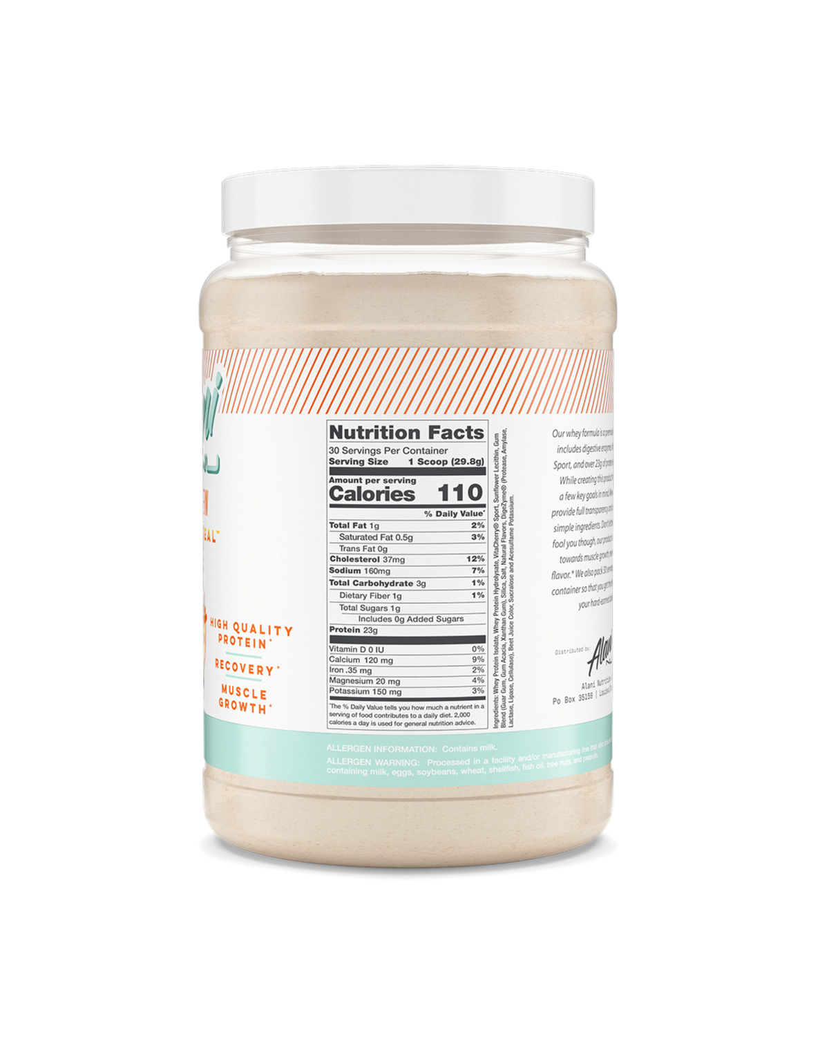 A back view of Whey Protein in Confetti Cake flavor highlighting nutrition facts.
