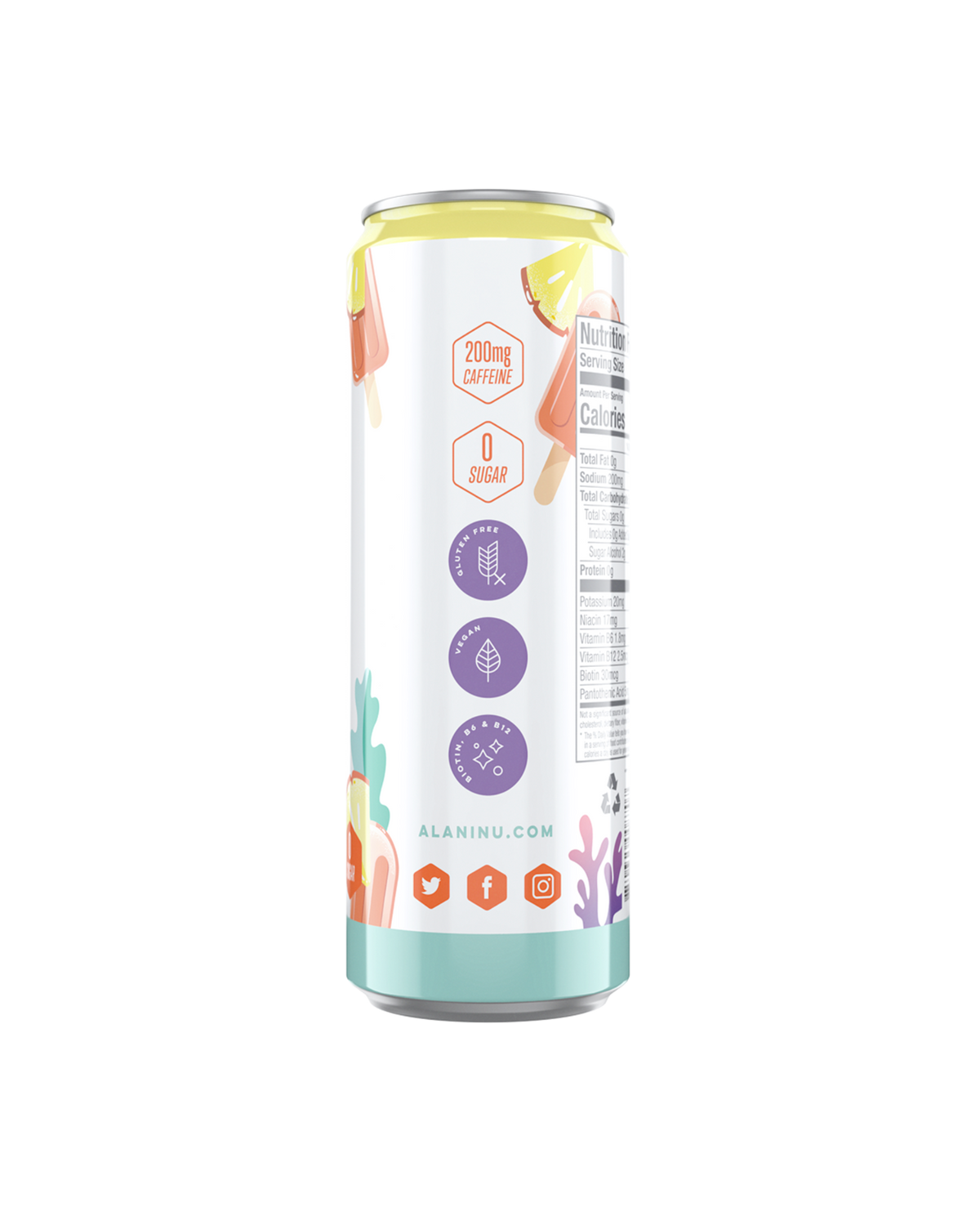 A side view of energy drink in tropsicle flavor showcasing product details of caffeine, sugar facts. 