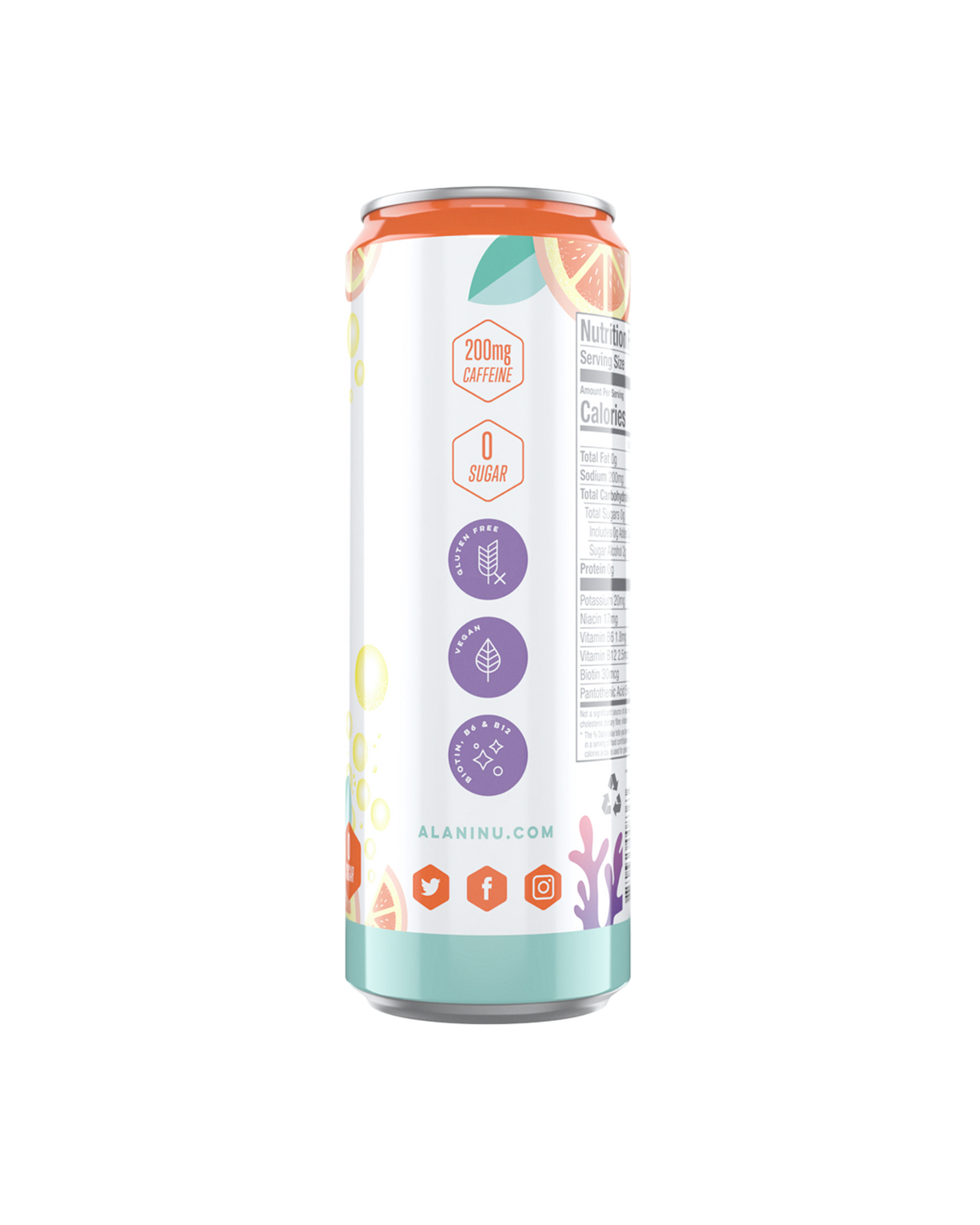 A side view Energy Drink in Mimosa flavor showcasing details of product.