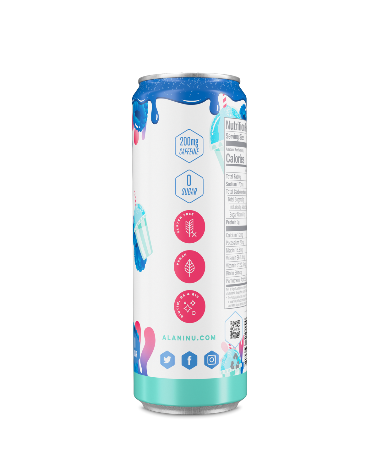A side view of Energy Drink in Blue Slush flavor showcasing detials of product. 