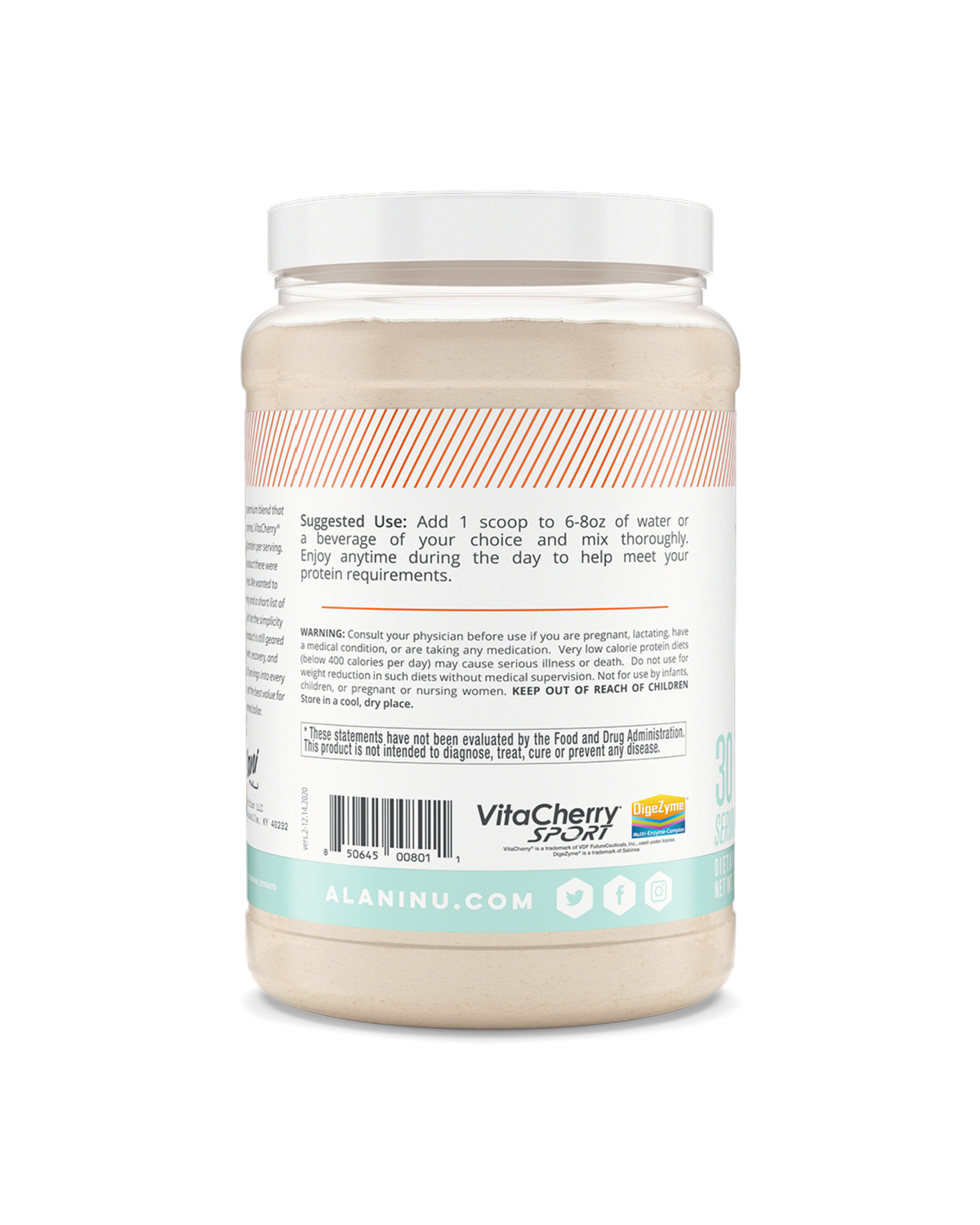 A side view of Whey Protein in Confetti Cake flavor showcasing suggested use of product.