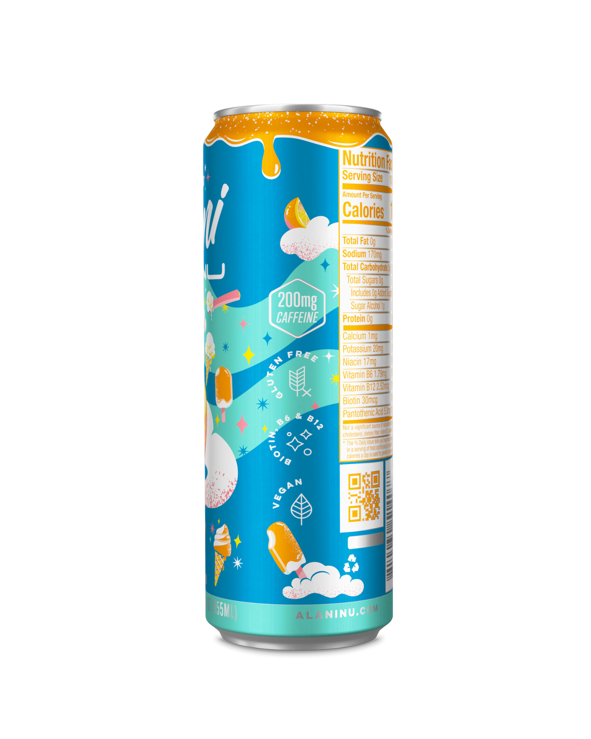 A side view of energy drink in Dream Float flavor showcasing product details such as vegan friendly, caffeine details and gluten free details. 