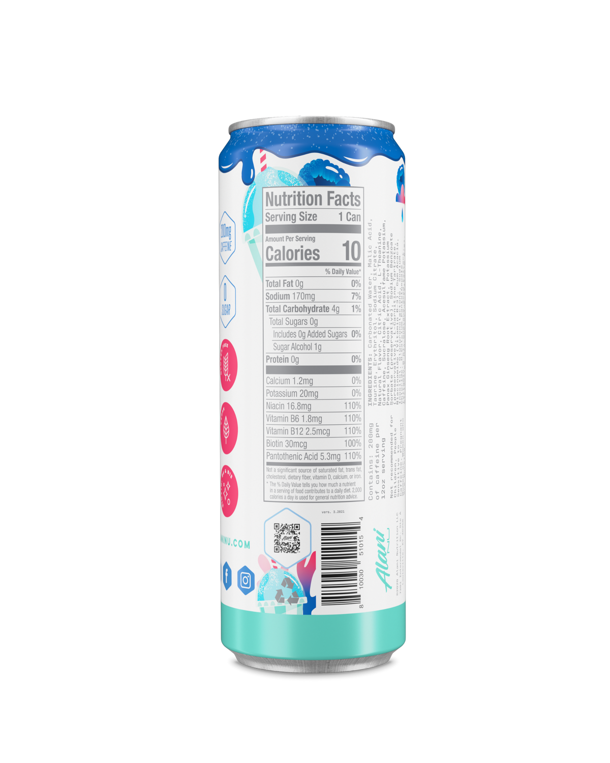 A Energy Drink in Blue Slush flavor highlighting nutrition facts.
