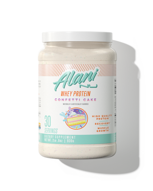 A 30 serving container of Whey Protein in Confetti Cake flavor.