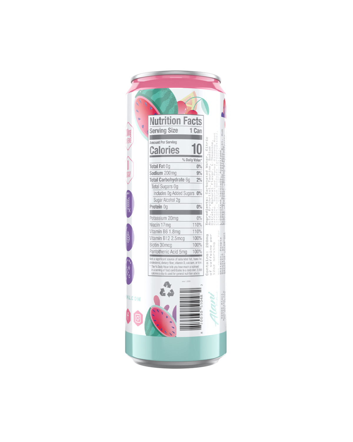 A back view of Energy Drink in Watermelon Wave flavor highlighting nutrition facts.