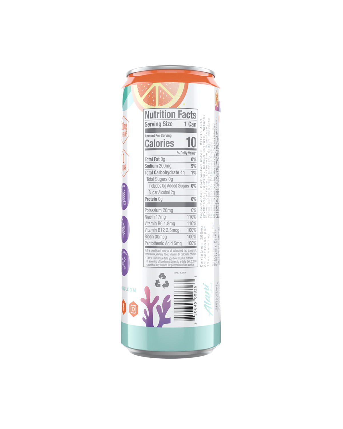 A back view of Energy Drink in Mimosa flavor highlighting nutrition facts.