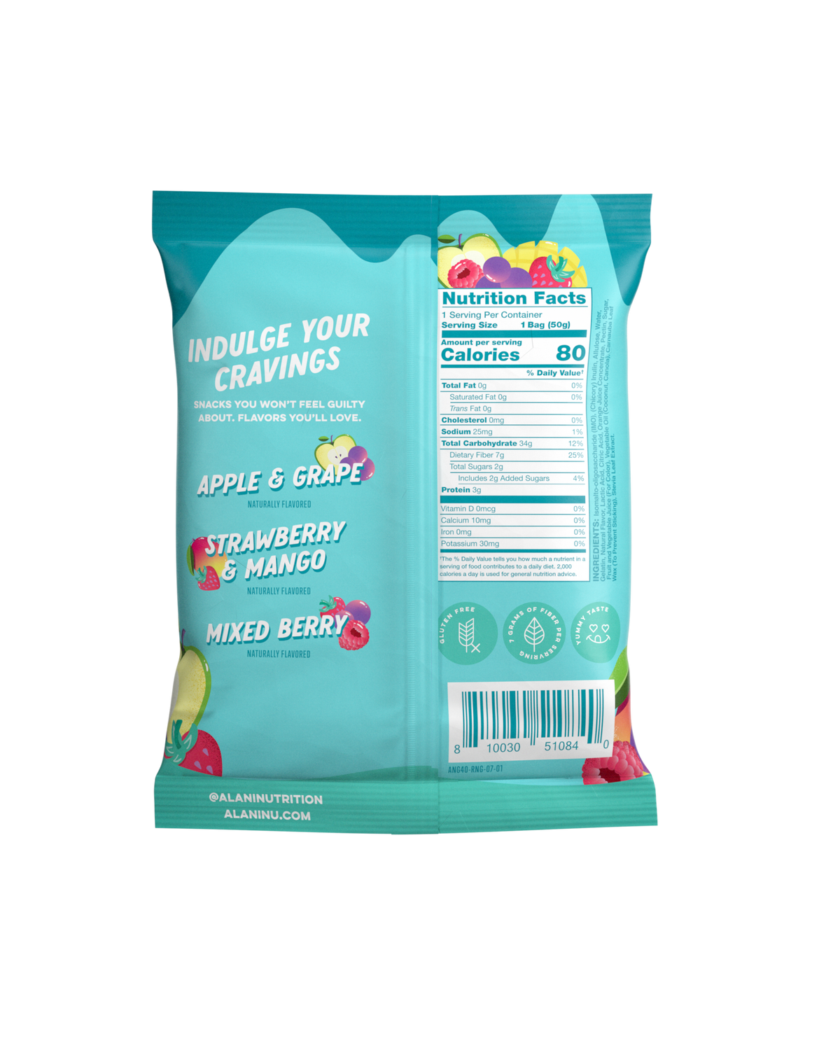A back view of Gummi&#39;s in Smoothie Gummy Rings flavor showcasing nutrition facts.