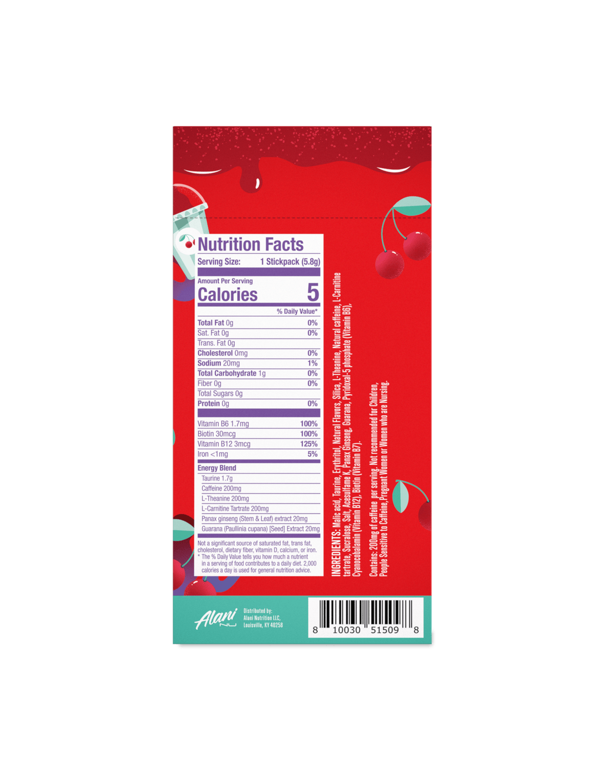 A back view of Energy Sticks in Cherry Slush flavor highlighting the Nutrition Facts.