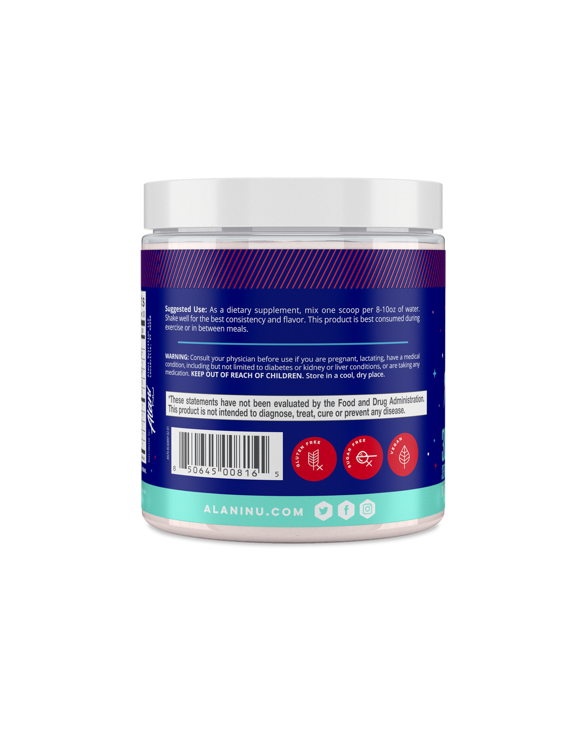 A side view of BCAA in Rocket Pop flavor showcasing suggested use of product. 