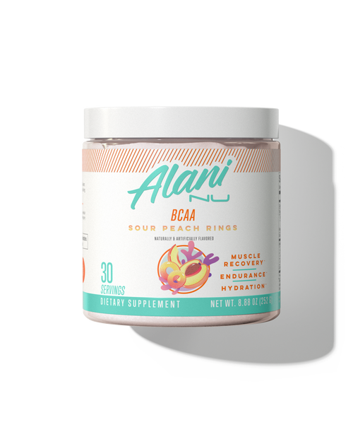A 30 serving container of BCAA in Sour Peach Rings flavor. 
