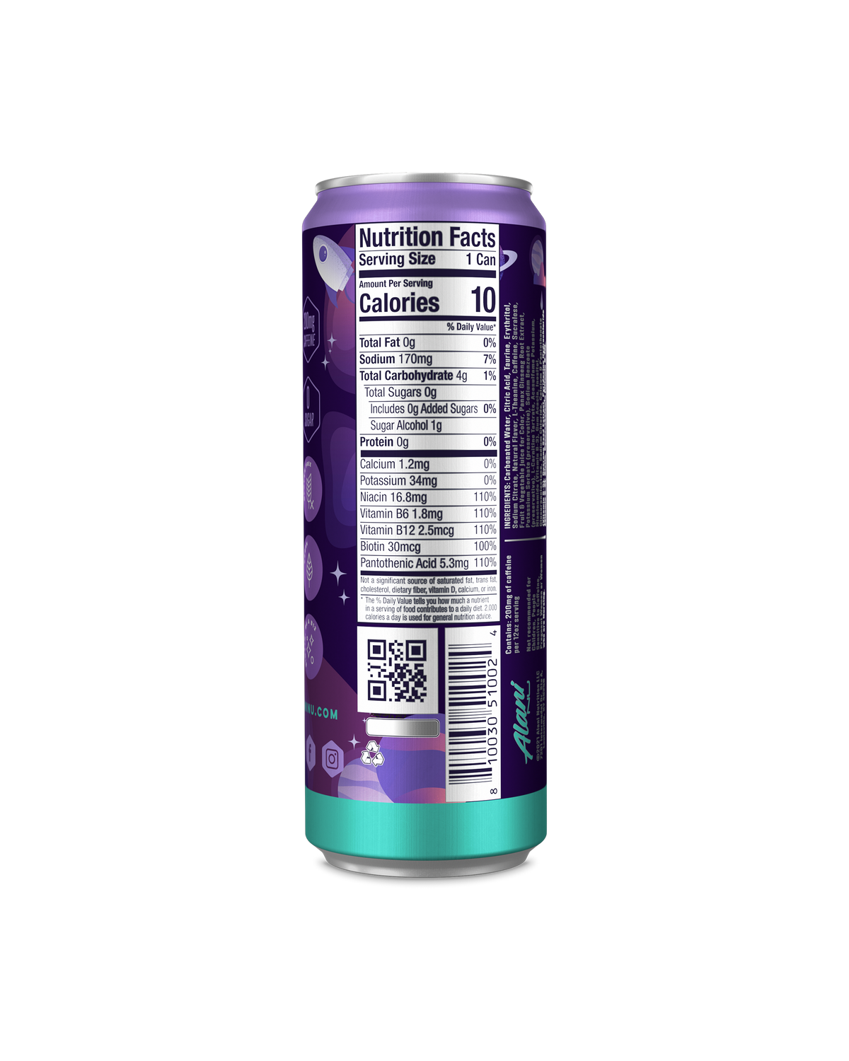 A back view of Energy Drink in Cosmic Stardust flavor highlighting nutrition facts. 