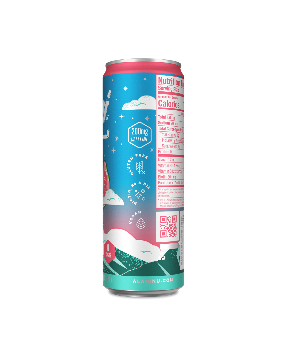 A side view of Energy Drink in Kiwi Guava flavor showcasing detials of product.