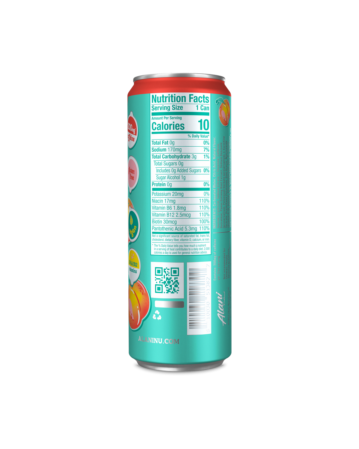 A back view of Energy Drink in Juicy Peach flavor highlighting nutrition facts.