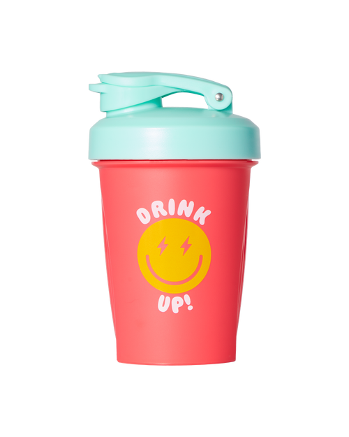 An Alani Nu 12oz Shaker in Electric Smiles with a smiley face on it.