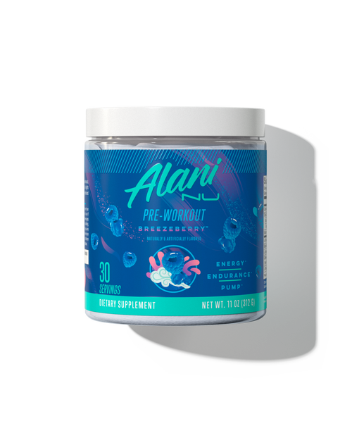 A 30 serving container of Pre-workout in Breezeberry flavor.