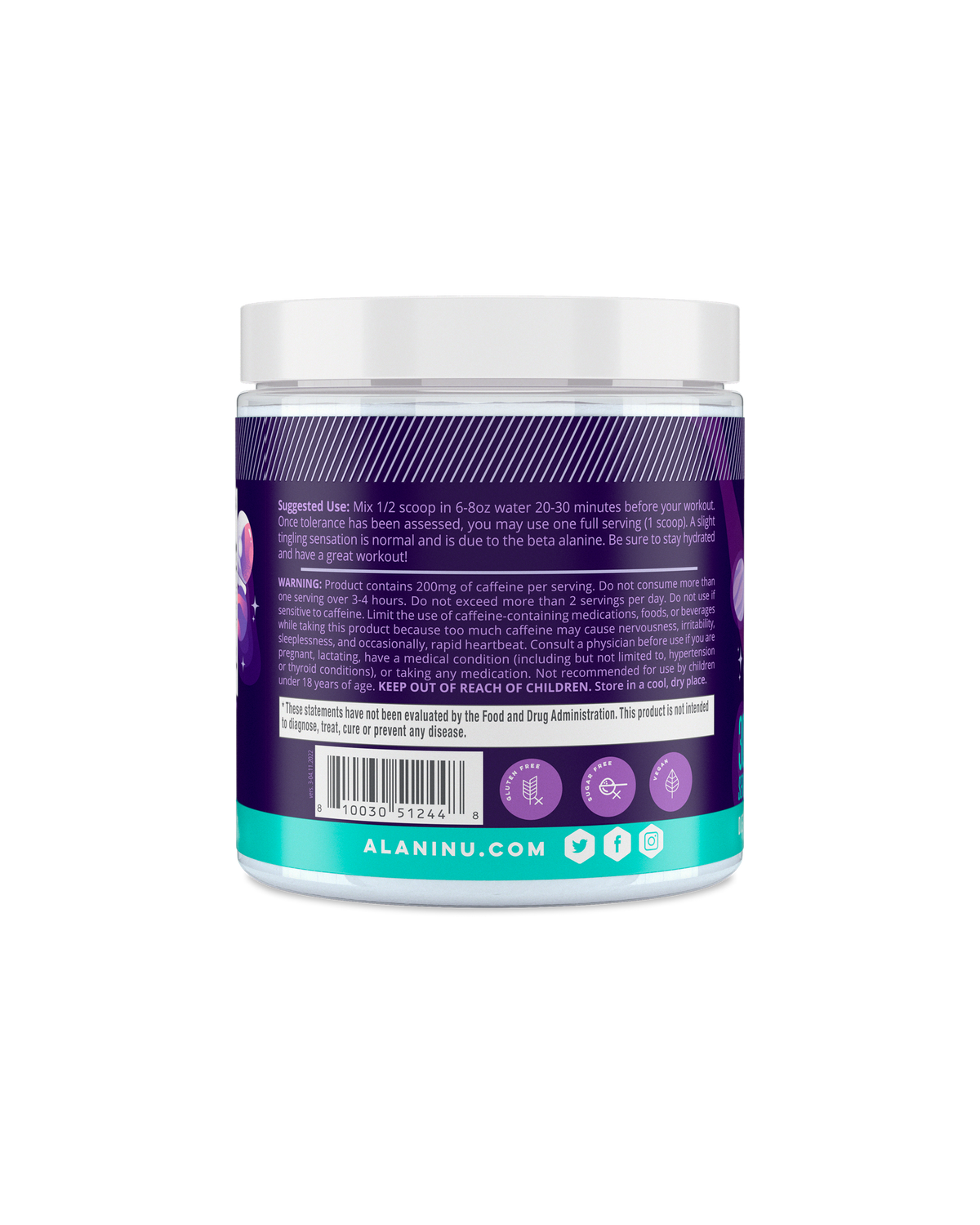 A side view of Pre-workout in Cosmic Stardust flavor showcasing suggested use of product.