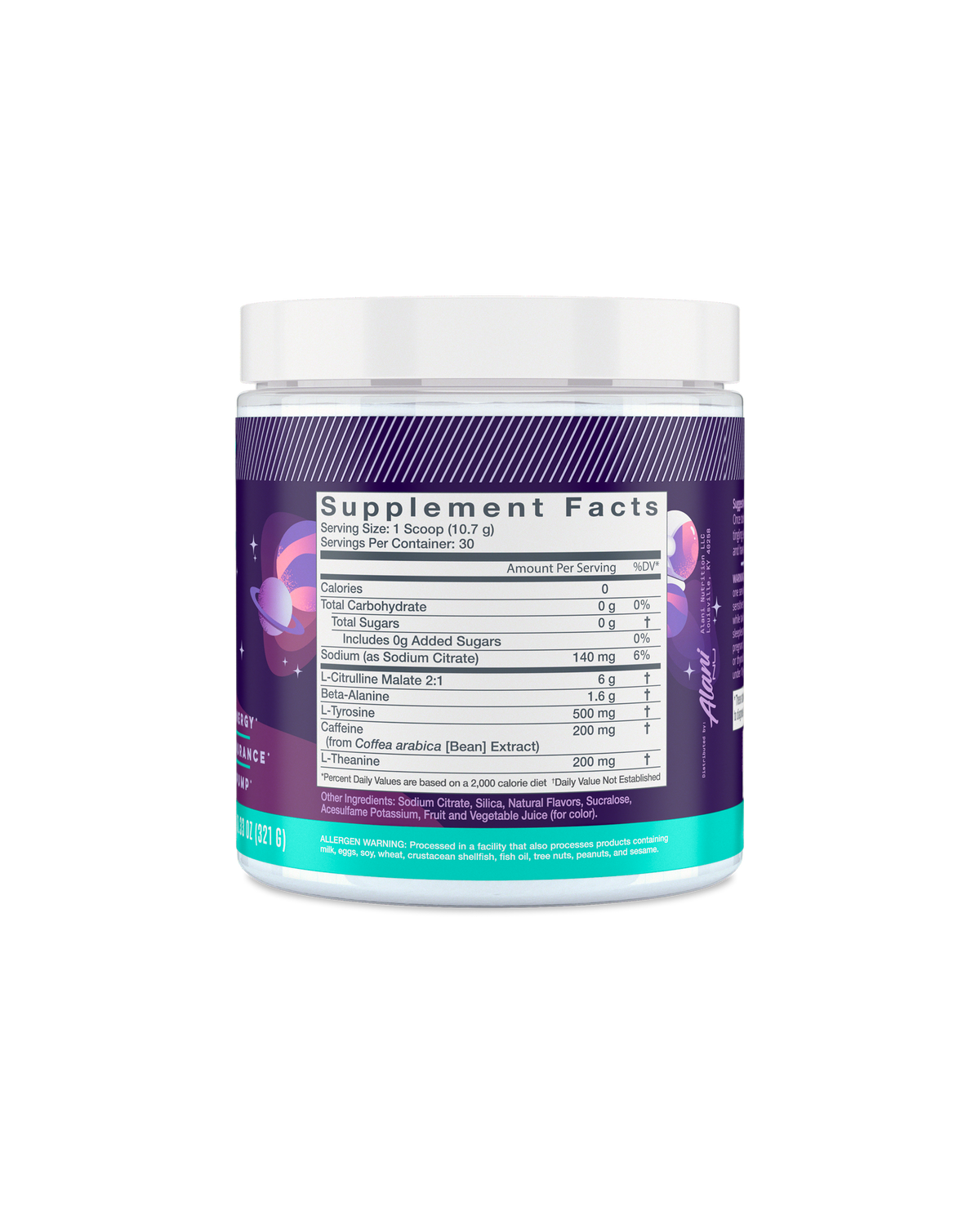 A back view of Pre-workout in Cosmic Stardust flavor highlighting supplemet facts.