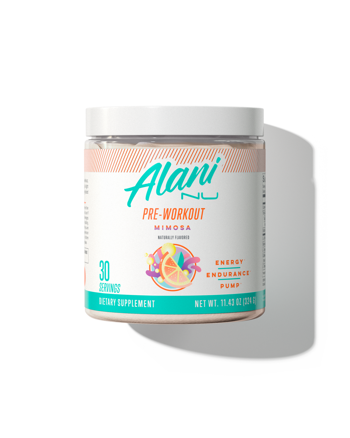 A 30 serving container of Pre-workout in Mimosa flavor. 