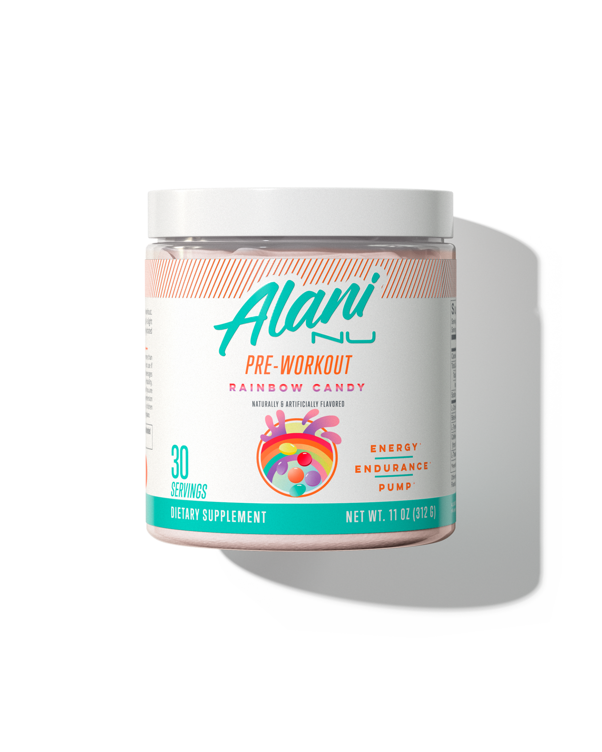 A 30 serving container of Pre-workout in Rainbow Candy flavor.