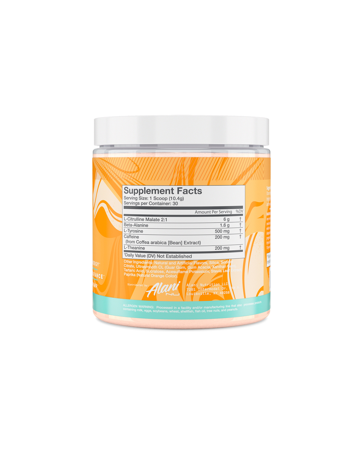 A back view of Pre-workout in Sherbet Swirl flavor highlighting supplement facts. 
