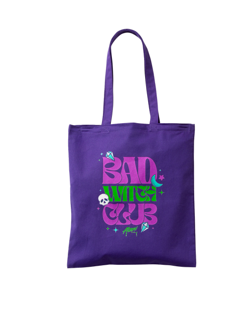 A Witch's Brew tote bag with a purple and green logo stating bad witch club.
