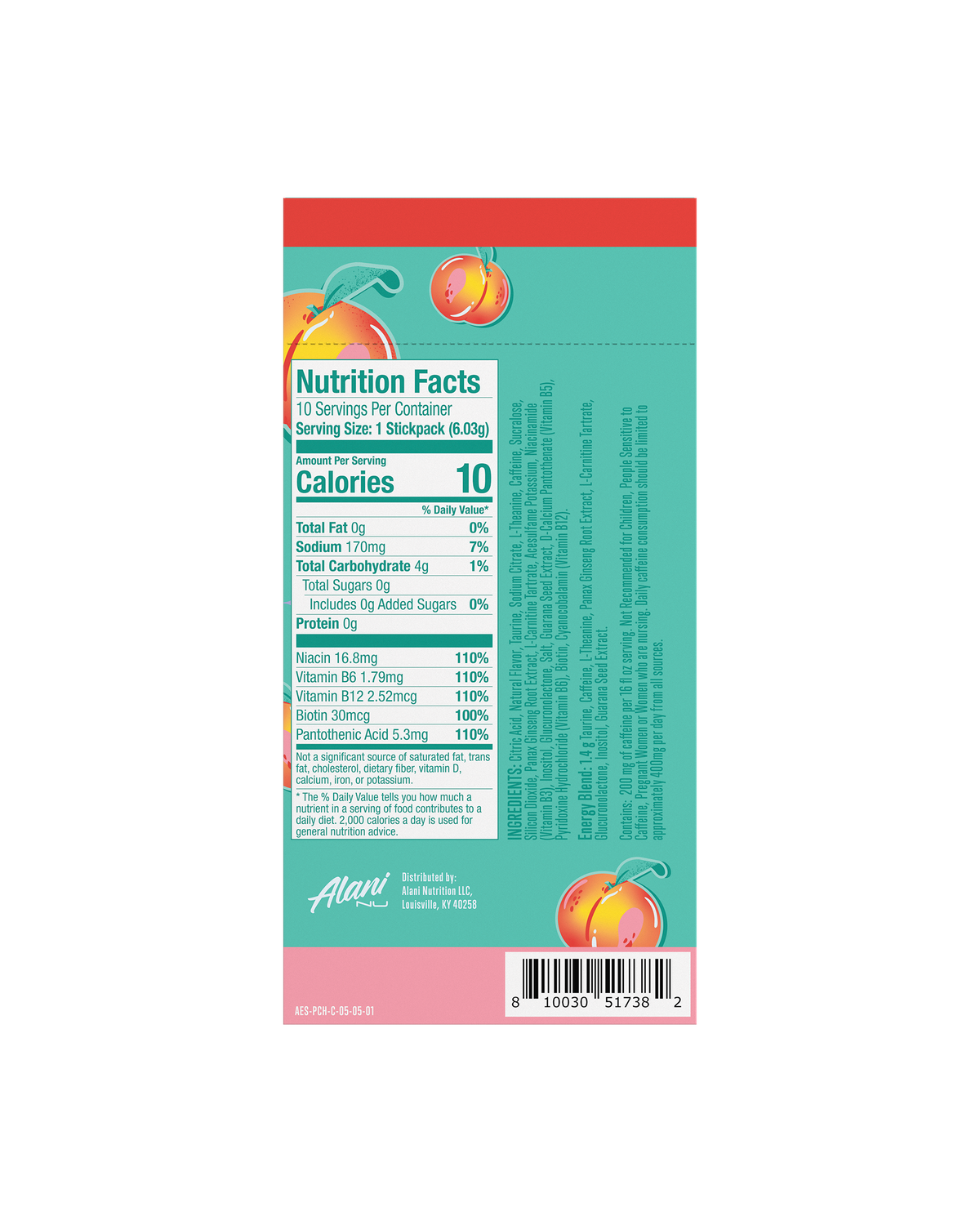 A back view of Energy Sticks in Juicy Peach highlighting nutrition facts.