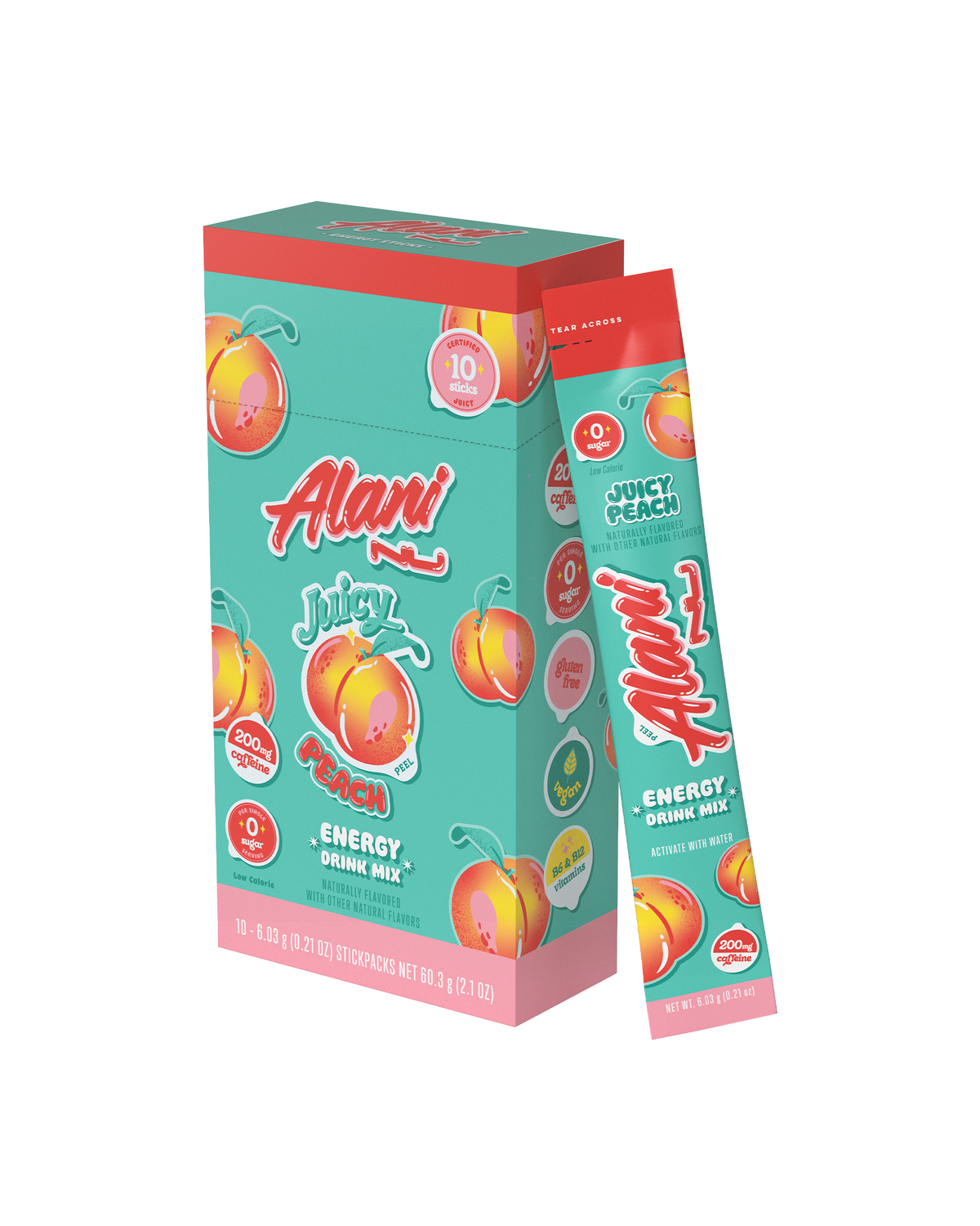 A side view of Energy Sticks in Juicy Peach showcasing a stick pack.