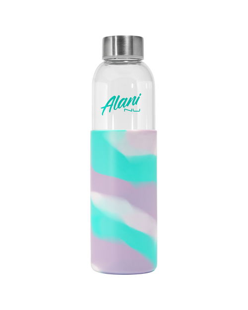 An Alani nu glass water bottle in purple marble color.
