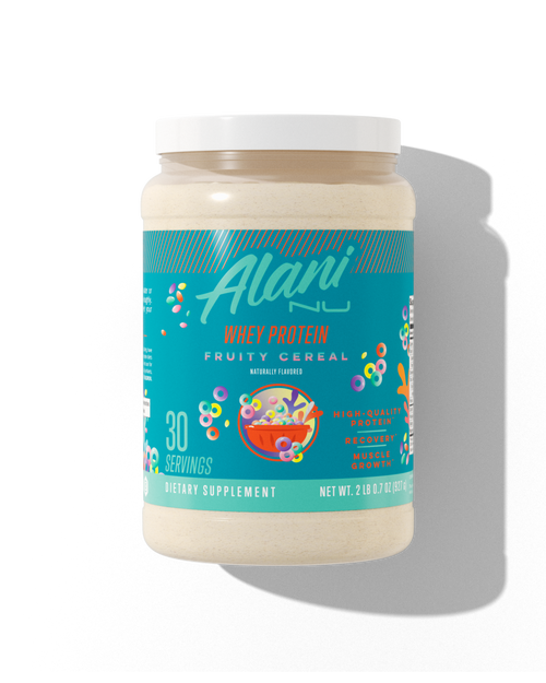 A 30 serving container  of Alani Nu's Fruity Cereal whey protein.