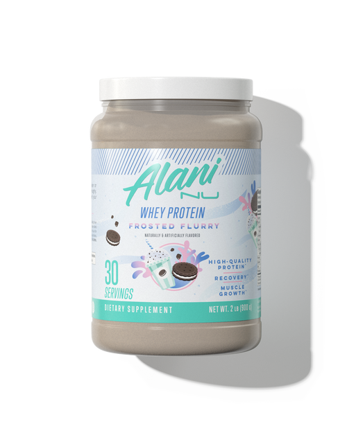 A 30 serving container of Whey Protein in Frosted Flurry flavor.