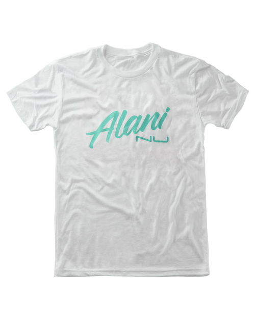 A Seafoam On White T-Shirt with the word Alani Nu in green.